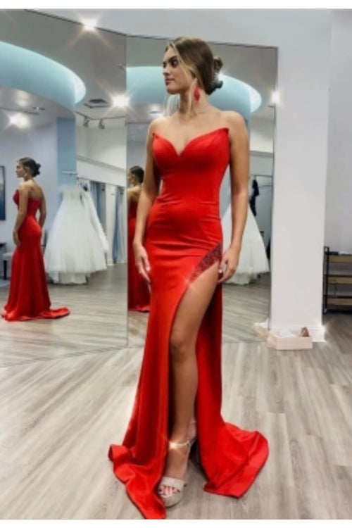 Scuba Fitted Strapless Slit Gown by Jovani 07138 - Long Formal Dresses
