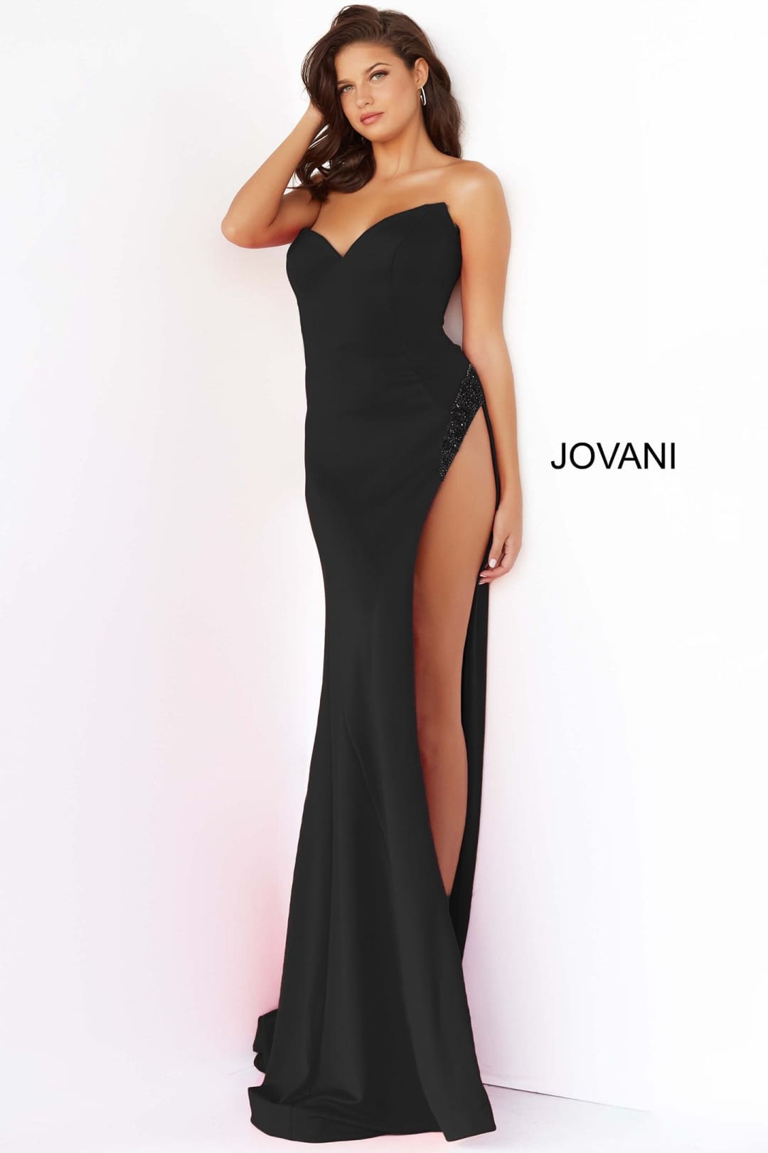 Scuba Fitted Strapless Slit Gown by Jovani 07138 - 00 / Black - Long Formal Dresses