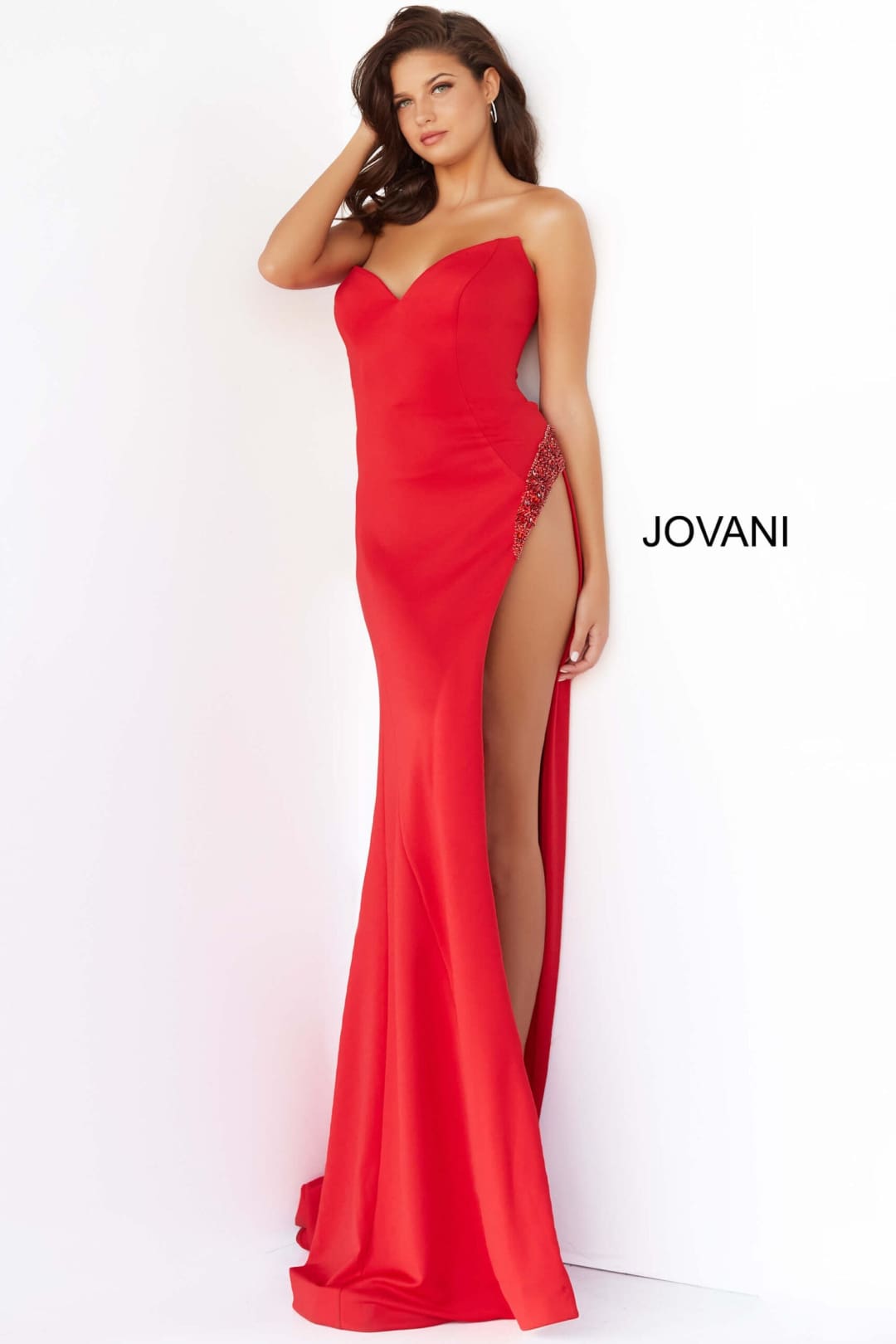 Scuba Fitted Strapless Slit Gown by Jovani 07138 - 00 / Red - Long Formal Dresses