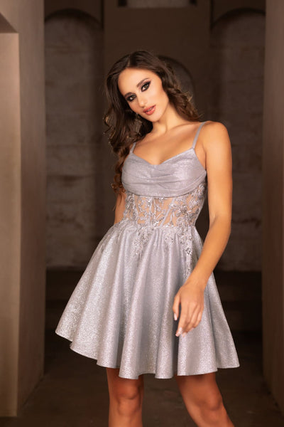 Semi Formal Dress Scoop Neck Embroidered By May Queen MQ2107 - SILVER / 2 - Dress