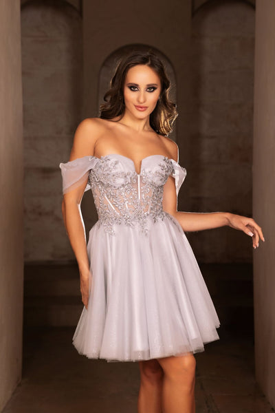 Semi Formal Glittery Off The Shoulder A-Line Homecoming Dress By May Queen MQ2117 - SILVER / 2 - Dress