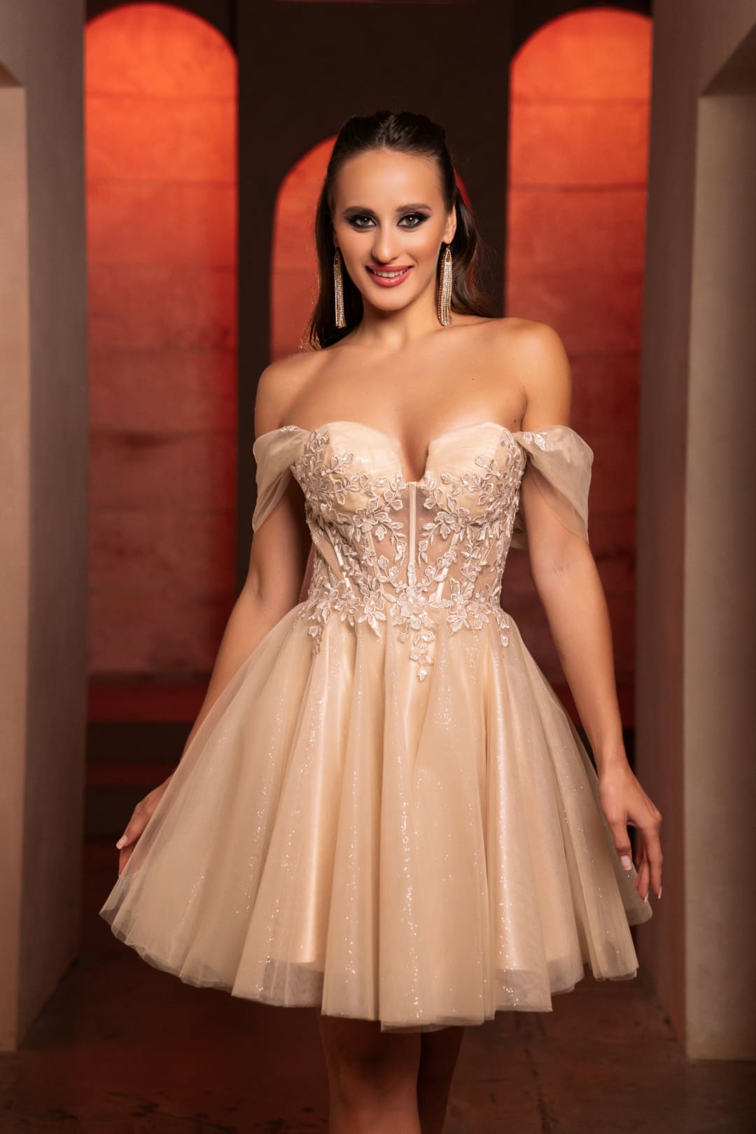 Semi Formal Glittery Off The Shoulder A-Line Homecoming Dress By May Queen MQ2117 - Dress