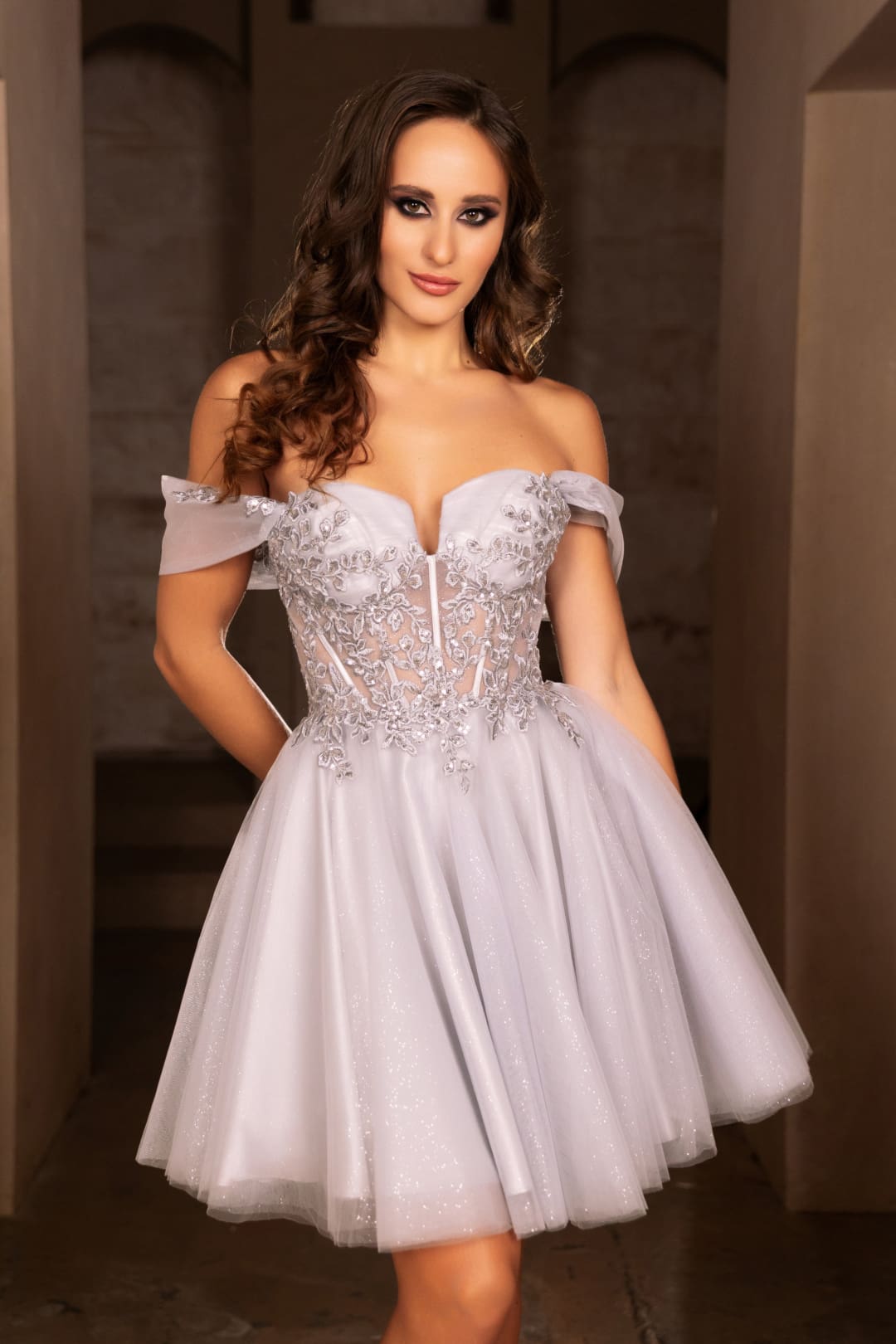 Semi Formal Glittery Off The Shoulder A-Line Homecoming Dress By May Queen MQ2117 - SILVER / 2 - Dress