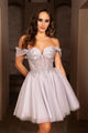 Semi Formal Glittery Off The Shoulder A-Line Homecoming Dress By May Queen MQ2117 - SILVER / 2 - Dress