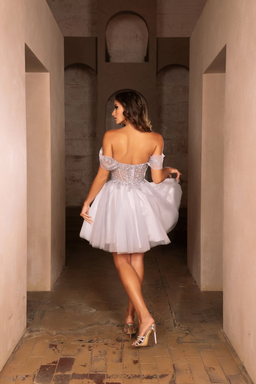 Semi Formal Glittery Off The Shoulder A-Line Homecoming Dress By May Queen MQ2117 - SILVER / 2 - Dress