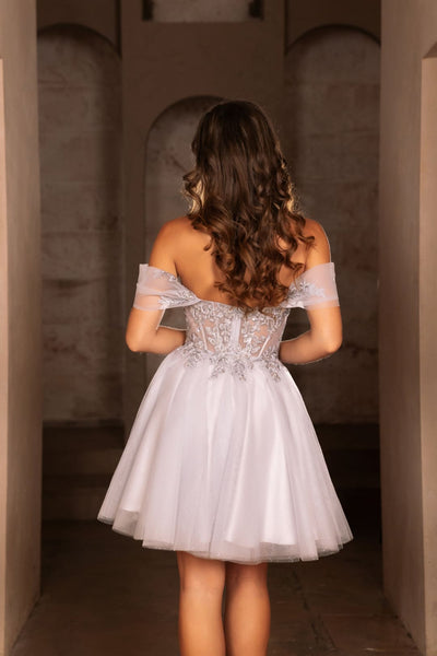 Semi Formal Glittery Off The Shoulder A-Line Homecoming Dress By May Queen MQ2117 - SILVER / 2 - Dress