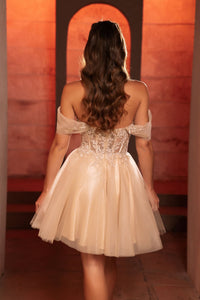 Semi Formal Glittery Off The Shoulder A-Line Homecoming Dress By May Queen MQ2117 - Dress