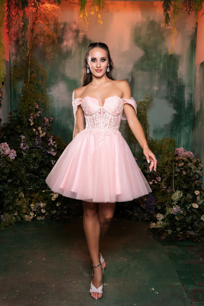 Semi Formal Glittery Off The Shoulder A-Line Homecoming Dress By May Queen MQ2117 - BLUSH / 2 - Dress