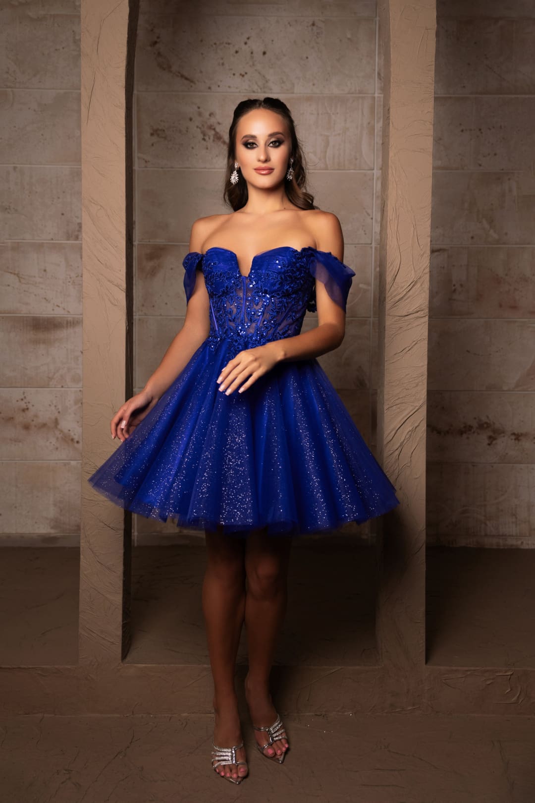 Semi Formal Glittery Off The Shoulder A-Line Homecoming Dress By May Queen MQ2117 - ROYAL BLUE / 2 - Dress