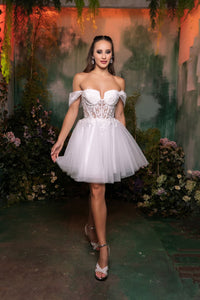 Semi Formal Glittery Off The Shoulder A-Line Homecoming Dress By May Queen MQ2117 - OFF WHITE / 2 - Dress