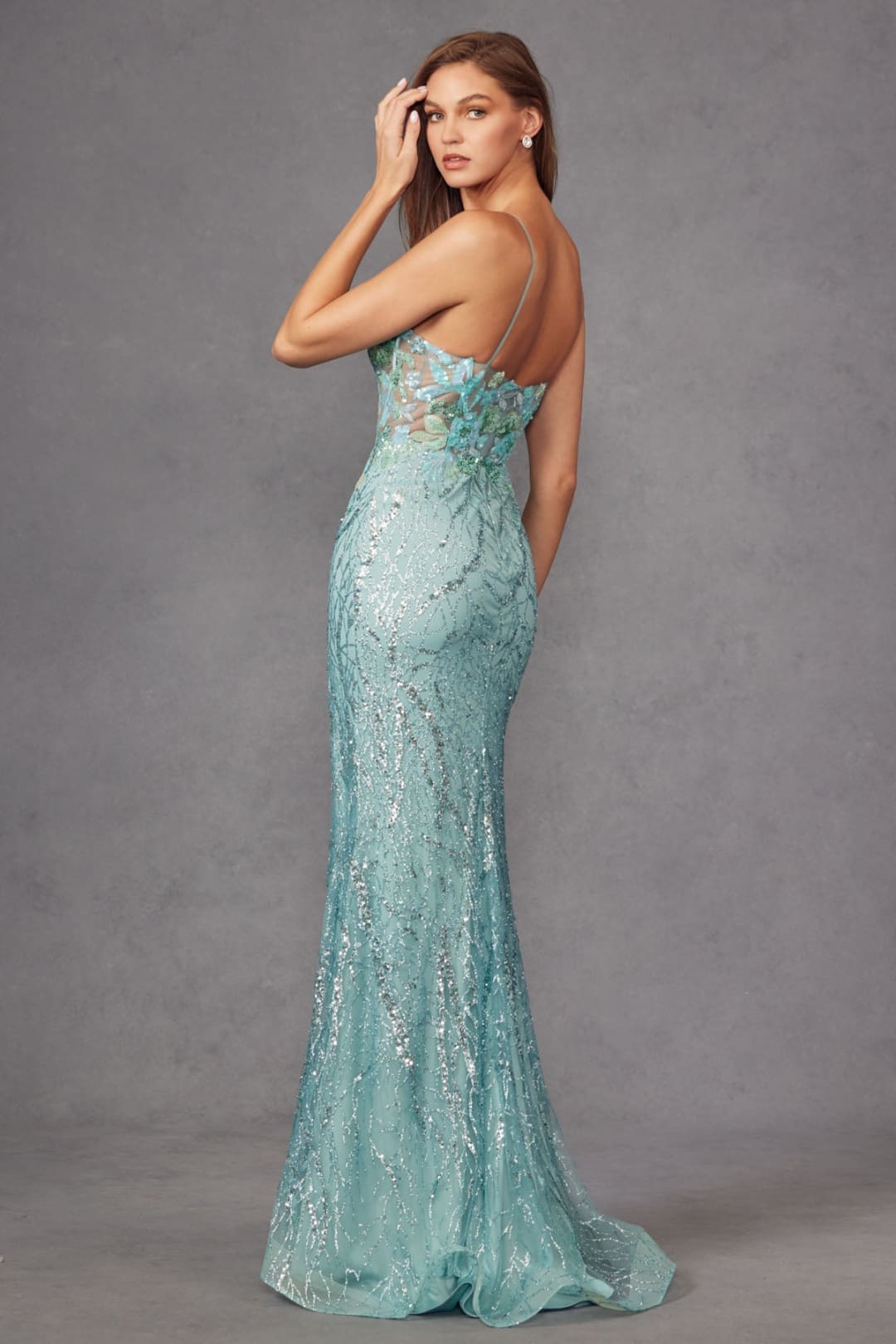 Sequin Applique Fitted Sleeveless Slit Gown by Juliet JT2425A - Long Formal Dresses