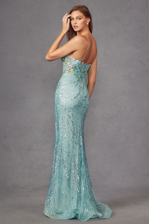 Sequin Applique Fitted Sleeveless Slit Gown by Juliet JT2425A - Long Formal Dresses