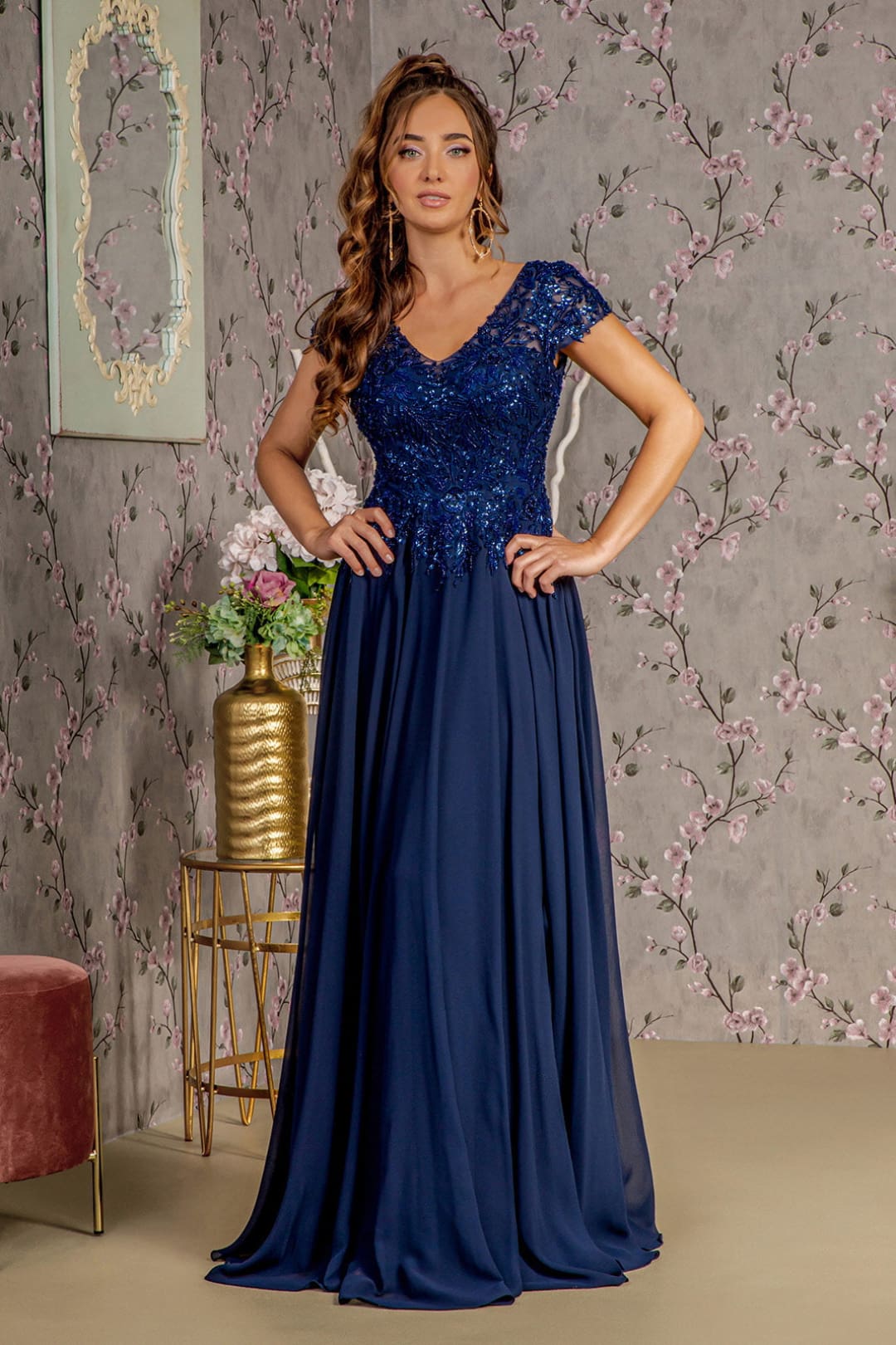 Sequin Applique Short Sleeve A-line Gown by GLS Gloria GL3450 - S / Navy - Long Formal Dresses