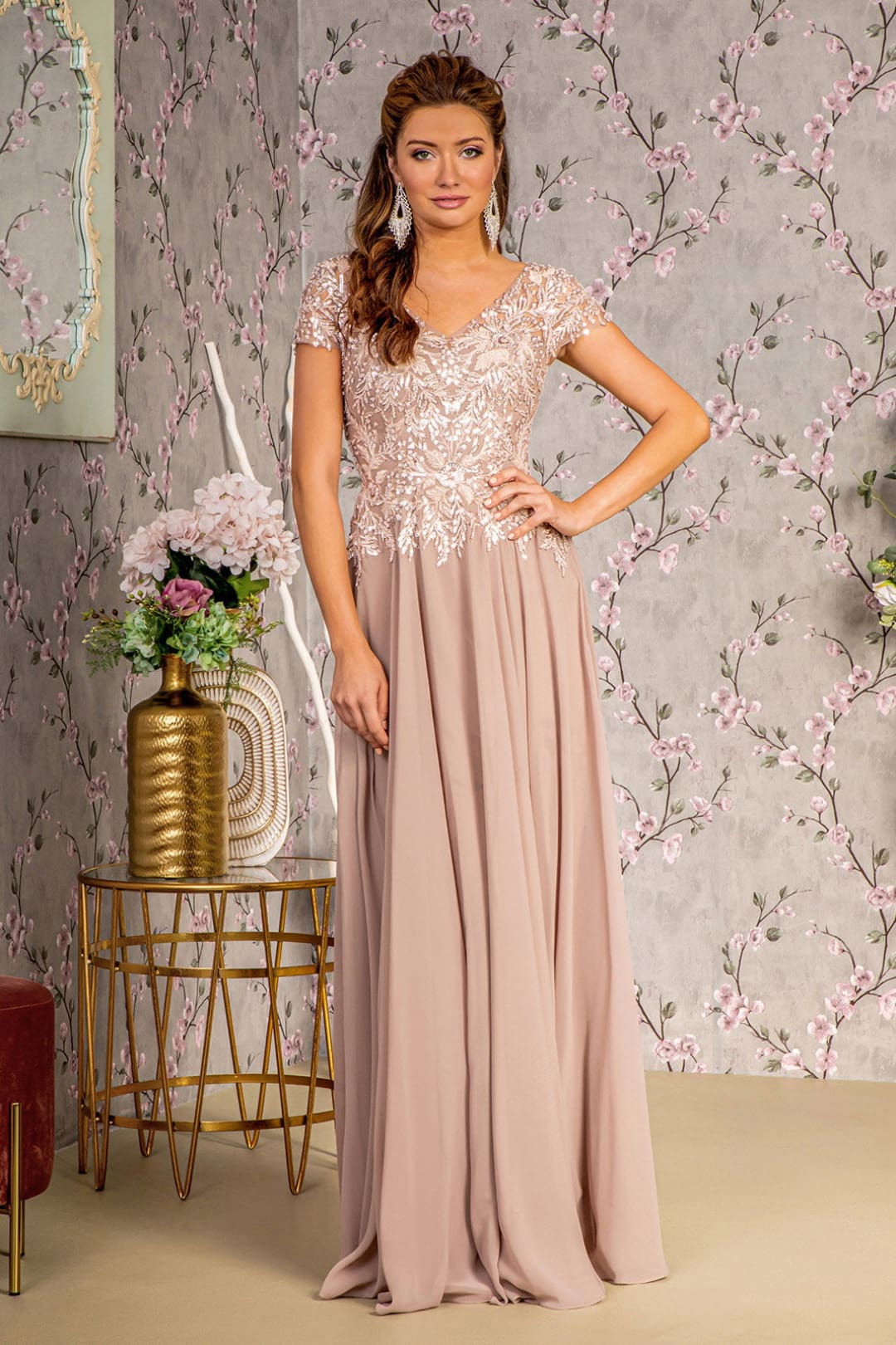 Sequin Applique Short Sleeve A-line Gown by GLS Gloria GL3450 - S / Taupe - Long Formal Dresses