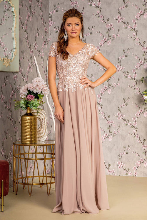 Sequin Applique Short Sleeve A-line Gown by GLS Gloria GL3450 - S / Taupe - Long Formal Dresses