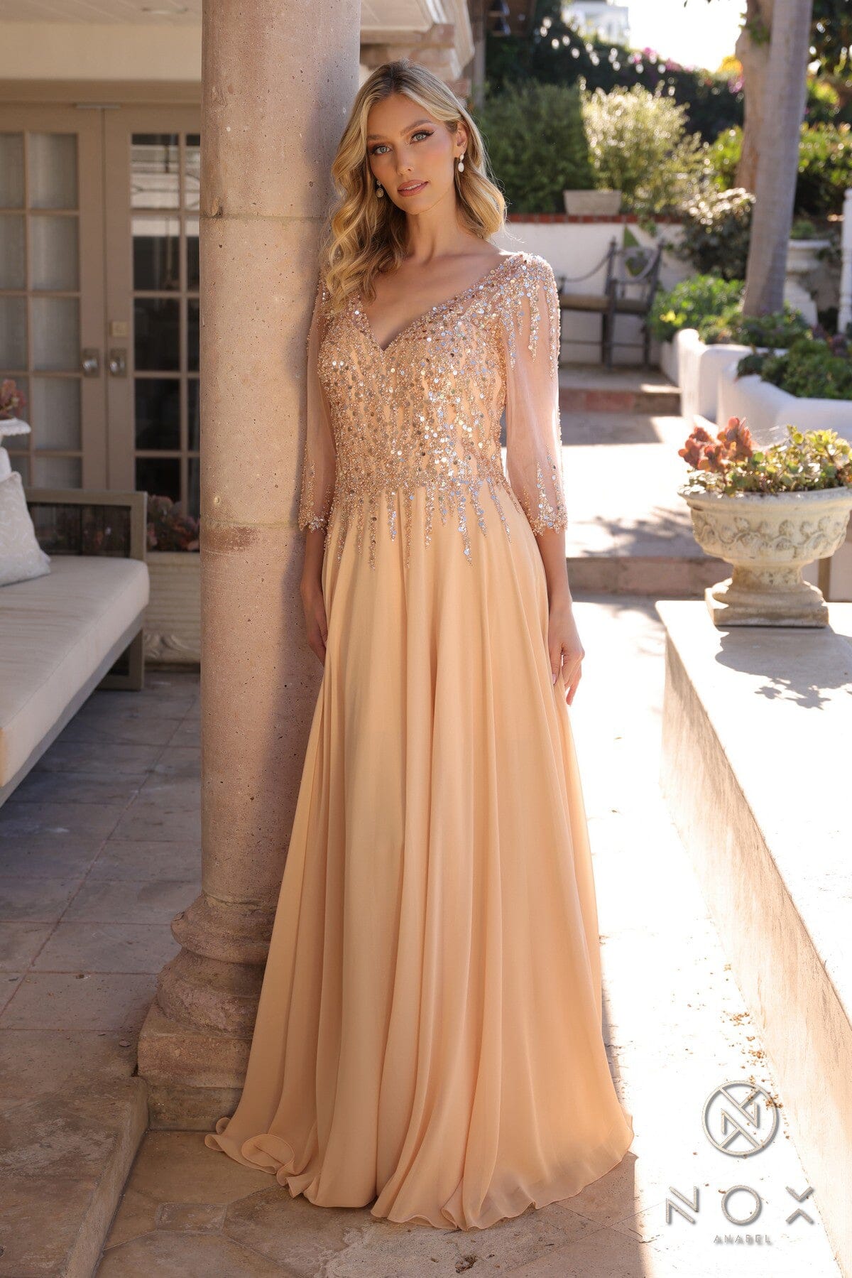 Nox Anabel MF100 Beautiful Sequin Bodice 3/4 Sleeve A-line Gown
