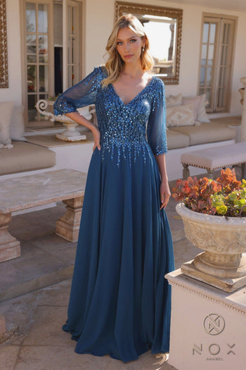 Nox Anabel MF100 Beautiful Sequin Bodice 3/4 Sleeve A-line Gown