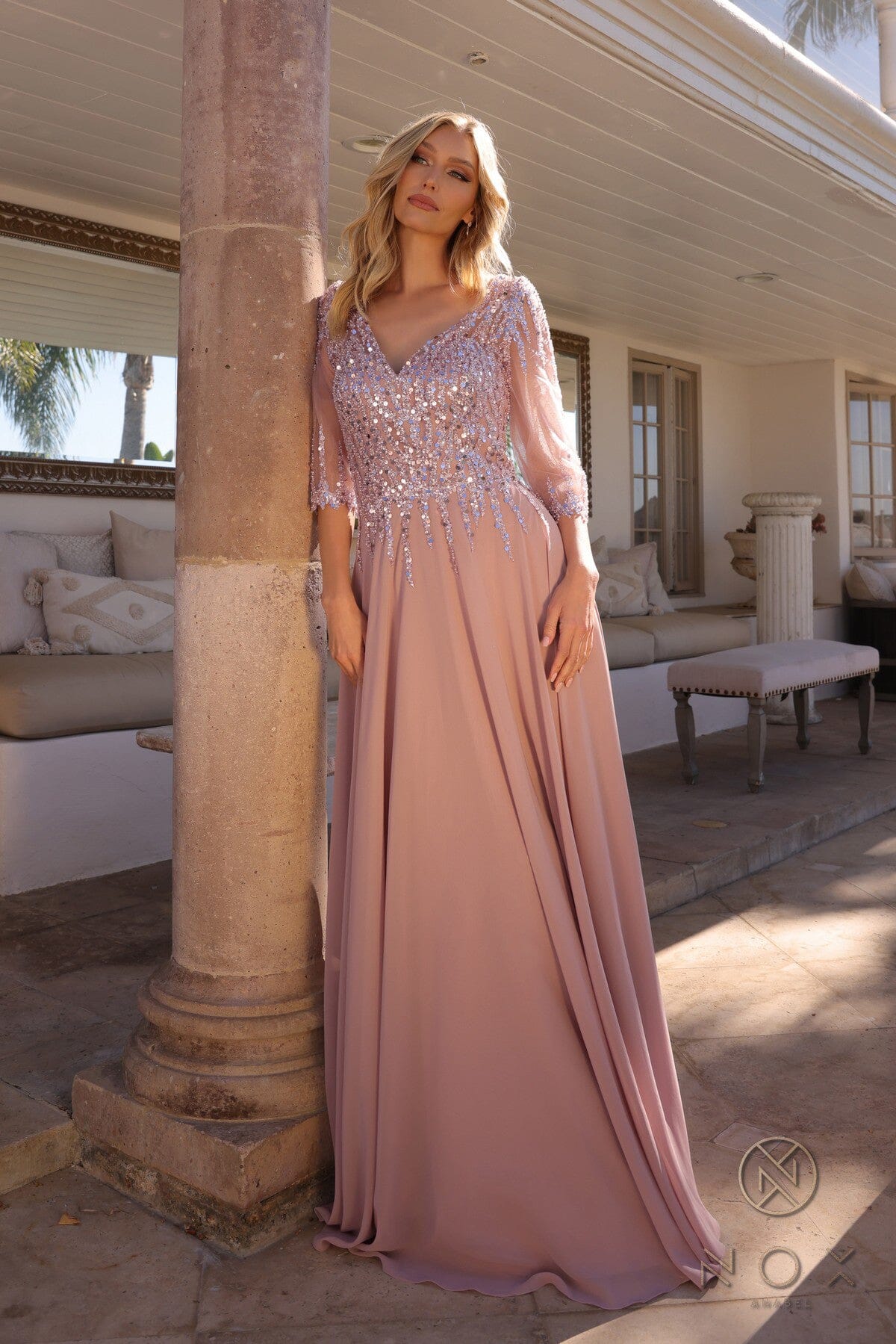 Nox Anabel MF100 Beautiful Sequin Bodice 3/4 Sleeve A-line Gown