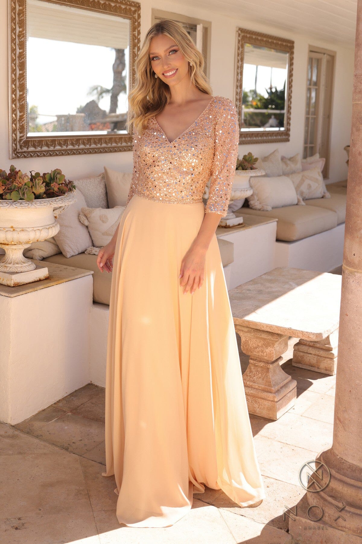 Glamorous Sequin Bodice A-line Gown with 3/4 Sleeves – MF103