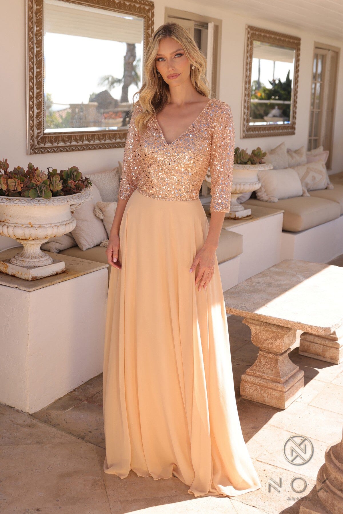 Glamorous Sequin Bodice A-line Gown with 3/4 Sleeves – MF103