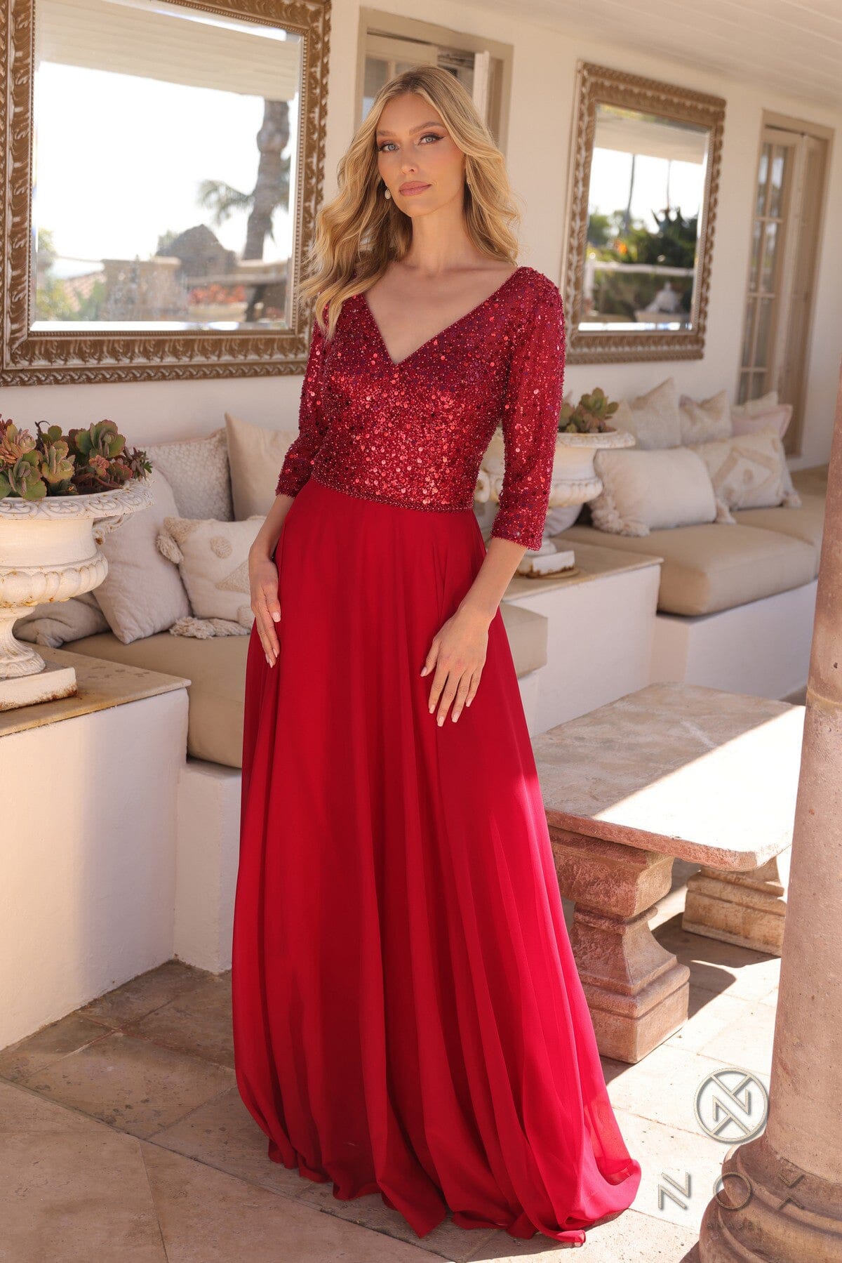 Glamorous Sequin Bodice A-line Gown with 3/4 Sleeves – MF103