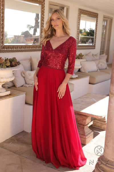 Nox Anabel MF103 Glamorous Sequin Bodice A-Line Gown with 3/4 Sleeves