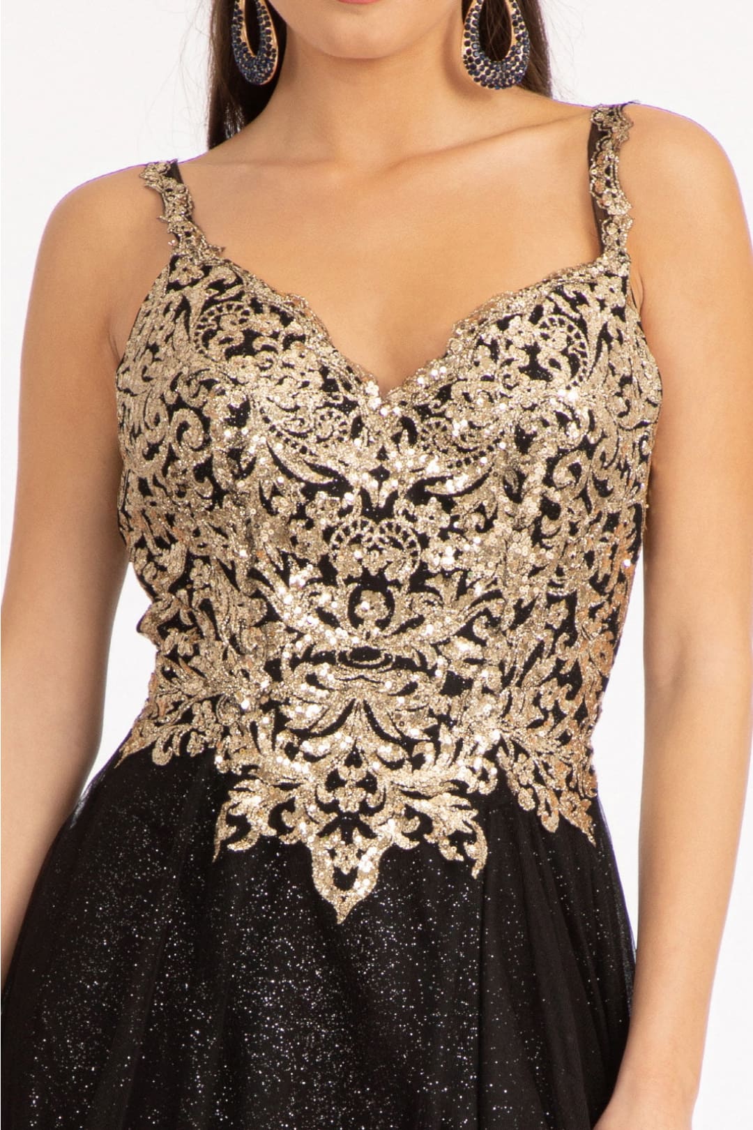 Sequin Bodice A-line Slit Gown by Elizabeth K GL3020 - Long Formal Dresses