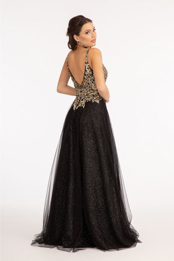 Sequin Bodice A-line Slit Gown by Elizabeth K GL3020 - Long Formal Dresses