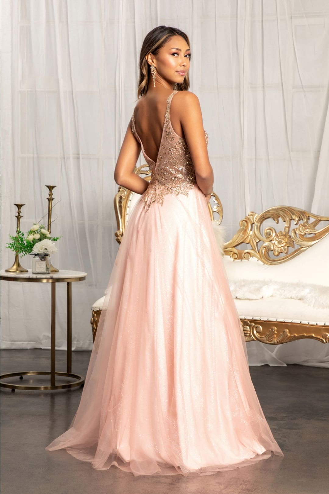 Sequin Bodice A-line Slit Gown by Elizabeth K GL3020 - Long Formal Dresses