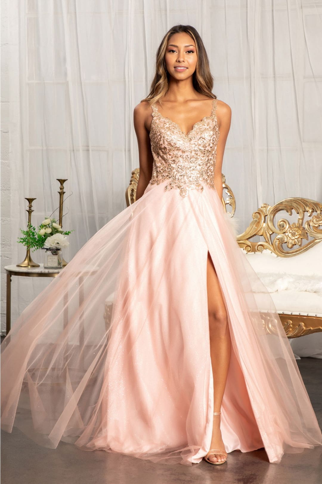 Sequin Bodice A-line Slit Gown by Elizabeth K GL3020 - XS / Rose Gold - Long Formal Dresses