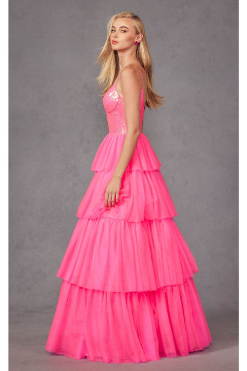 Sequin Bodice Sleeveless A-Line Ruffled Gown by Juliet JT2457H - Dress