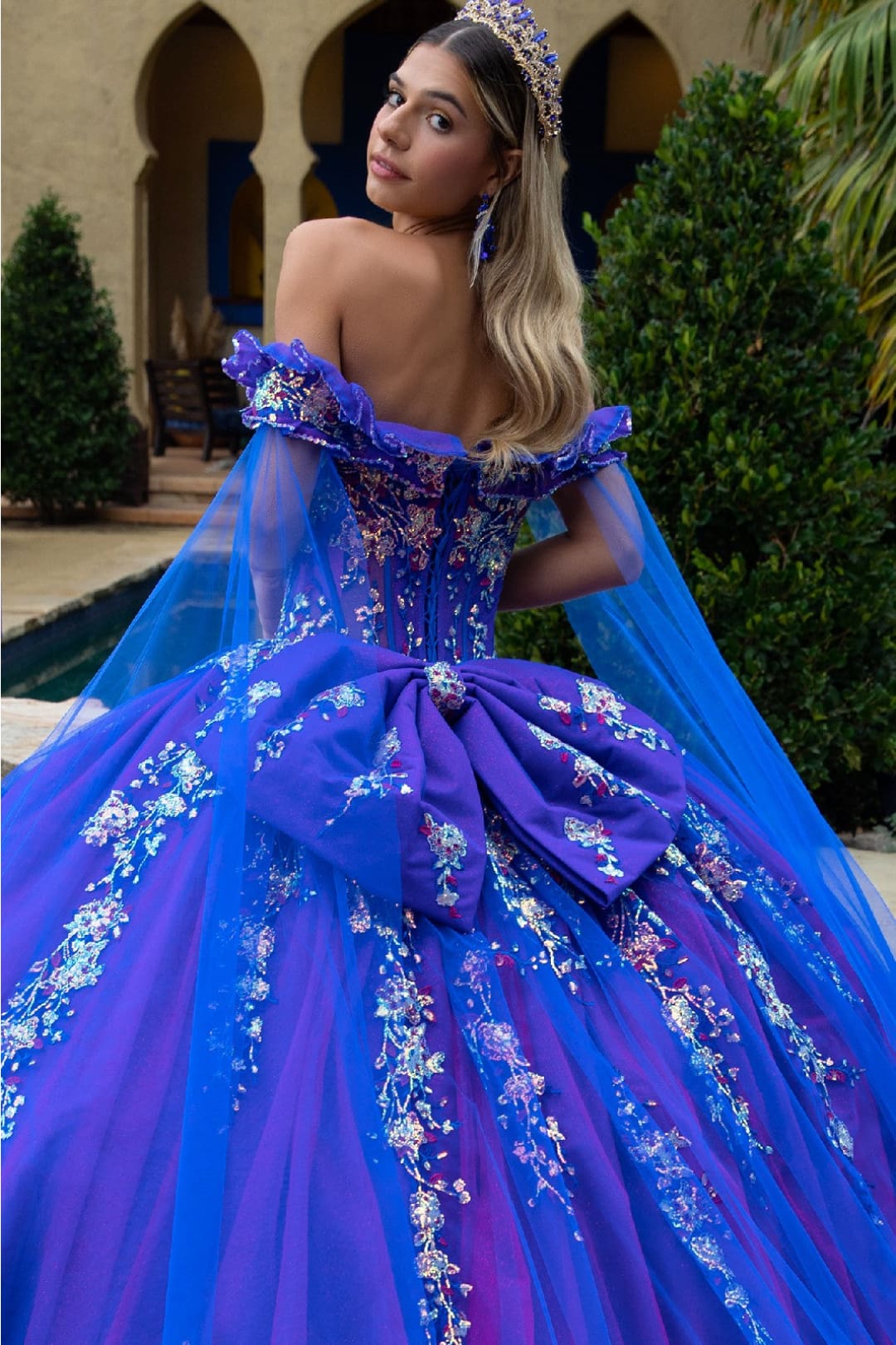 blue quince dress with cape Sequin Sleeve Ball Gown by GLS Gloria GL3518 Ribbon Color:Dark/Hot Pink Ribbon
