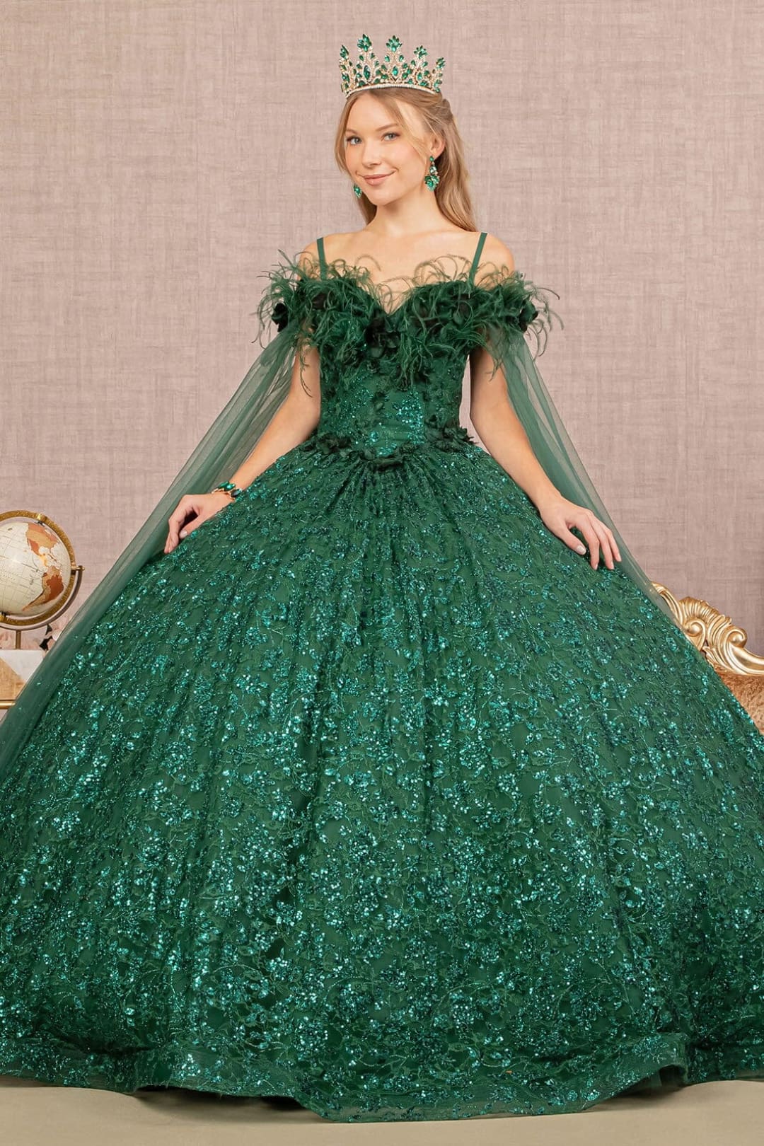Sequin Cape Sleeve Feather Ball Gown Elizabeth K GL3169 Sequin Cape Sleeve Feather Ball Gown Elizabeth K GL3169