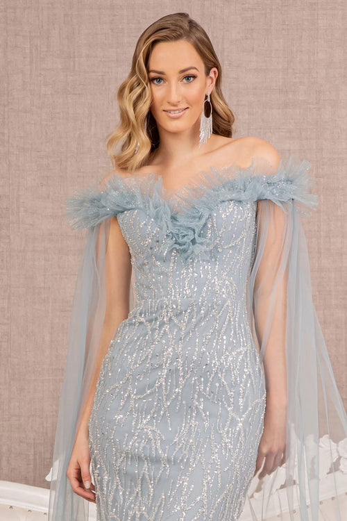 Sequin Cape Sleeve Mermaid Dress by GLS Gloria GL3120 - Long Formal Dresses