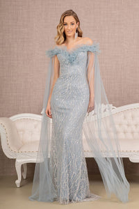 Sequin Cape Sleeve Mermaid Dress by GLS Gloria GL3120 - XS / Smoky Blue - Long Formal Dresses