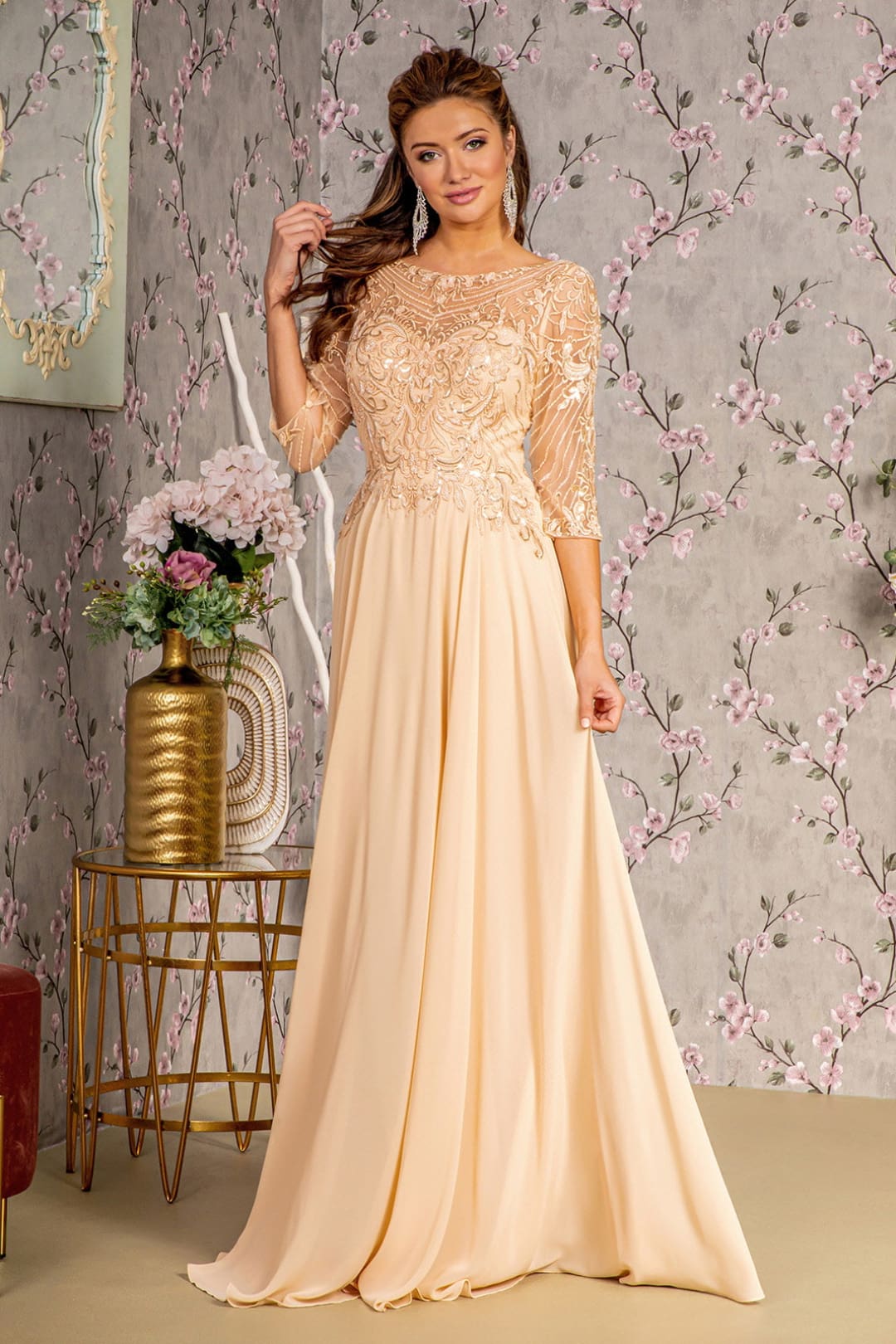 Sequin Embroidered 3/4 Sleeve Gown by GLS Gloria GL3446 - S / Champagne - Long Formal Dresses