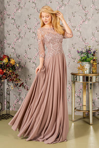 Sequin Embroidered 3/4 Sleeve Gown by GLS Gloria GL3446 - S / Mauve - Long Formal Dresses