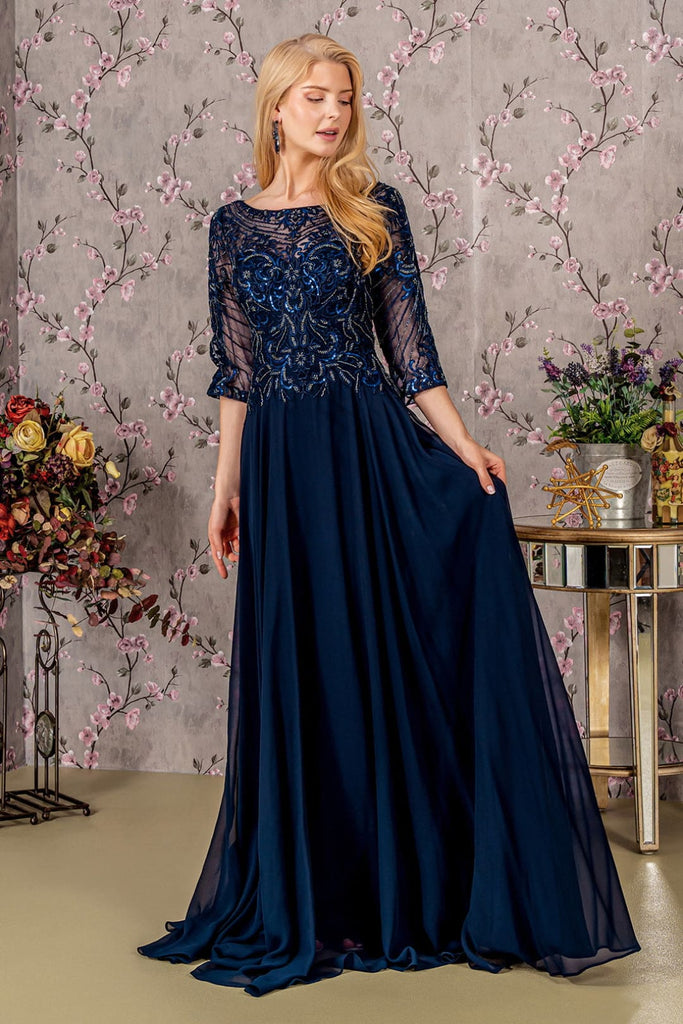 Sequin Embroidered 3/4 Sleeve Gown by GLS Gloria GL3446 - S / Navy - Long Formal Dresses