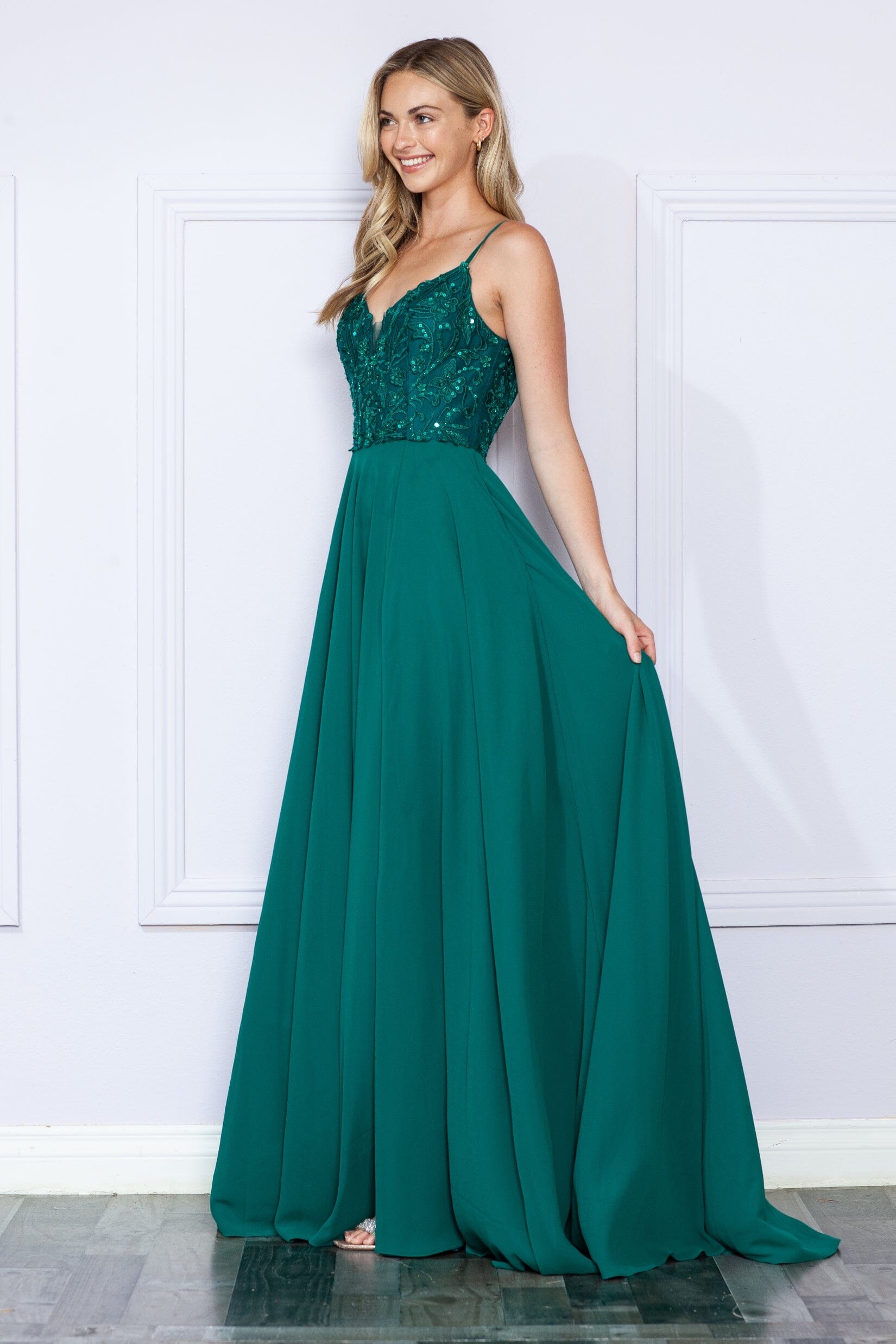 Poly USA 9368 Sequin Embroidered Sleeveless Slit Gown