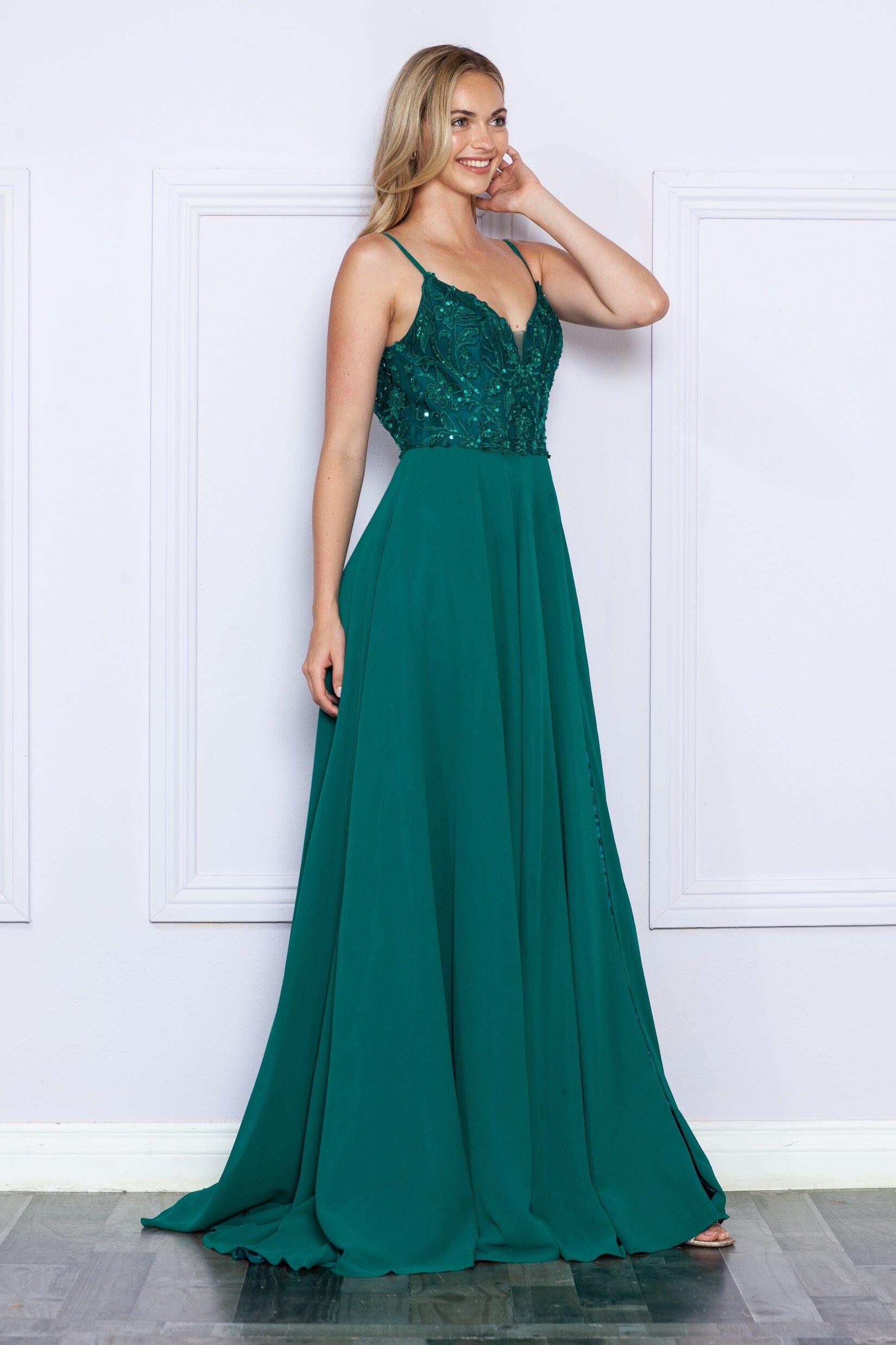Poly USA 9368 Sequin Embroidered Sleeveless Slit Gown