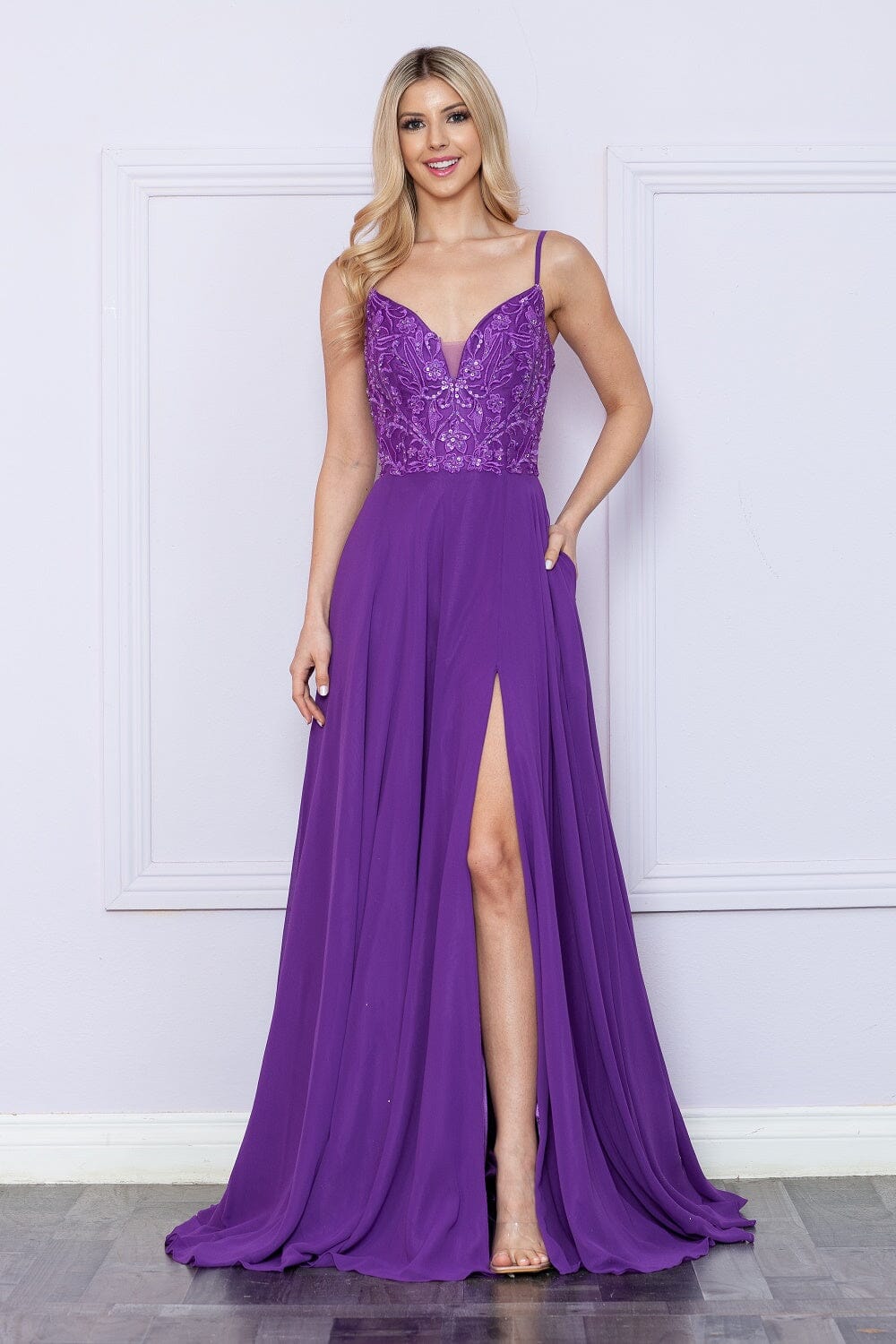 Poly USA 9368 Sequin Embroidered Sleeveless Slit Gown