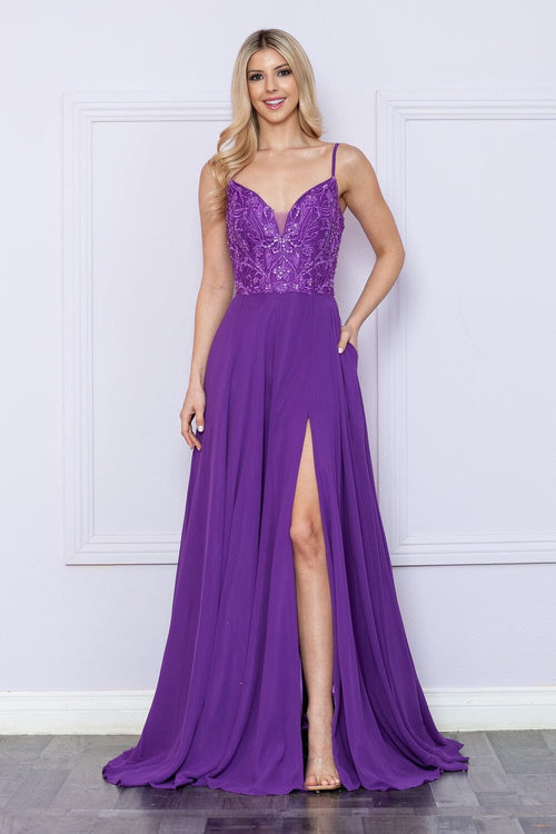 Poly USA 9368 Sequin Embroidered Sleeveless Slit Gown
