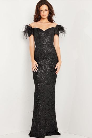 Sequin Feather Fitted Short Sleeve Gown by Jovani 37562 - 00 / Black - Long Formal Dresses