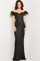 Sequin Feather Fitted Short Sleeve Gown by Jovani 37562 - 00 / Black - Long Formal Dresses