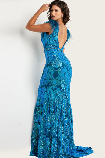 Sequin Feather Fitted Short Sleeve Gown by Jovani 38758 - Long Formal Dresses