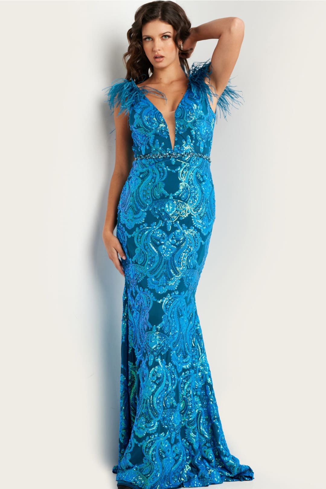 Sequin Feather Fitted Short Sleeve Gown by Jovani 38758 - Long Formal Dresses