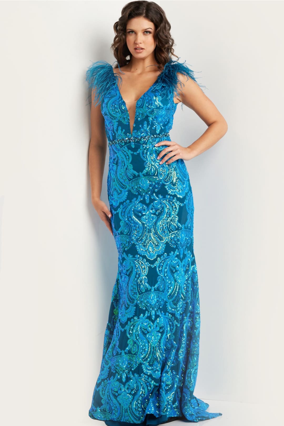 Sequin Feather Fitted Short Sleeve Gown by Jovani 38758 - Long Formal Dresses