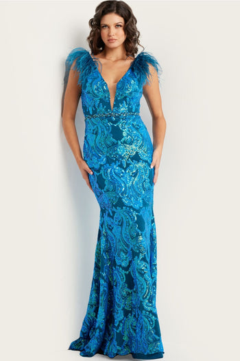 Sequin Feather Fitted Short Sleeve Gown by Jovani 38758 - 00 / Royal - Long Formal Dresses
