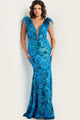 Sequin Feather Fitted Short Sleeve Gown by Jovani 38758 - 00 / Royal - Long Formal Dresses