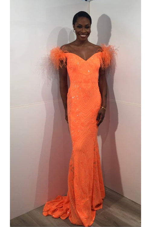 Sequin Feather Off Shoulder Gown by Jovani 26041 - Long Formal Dresses